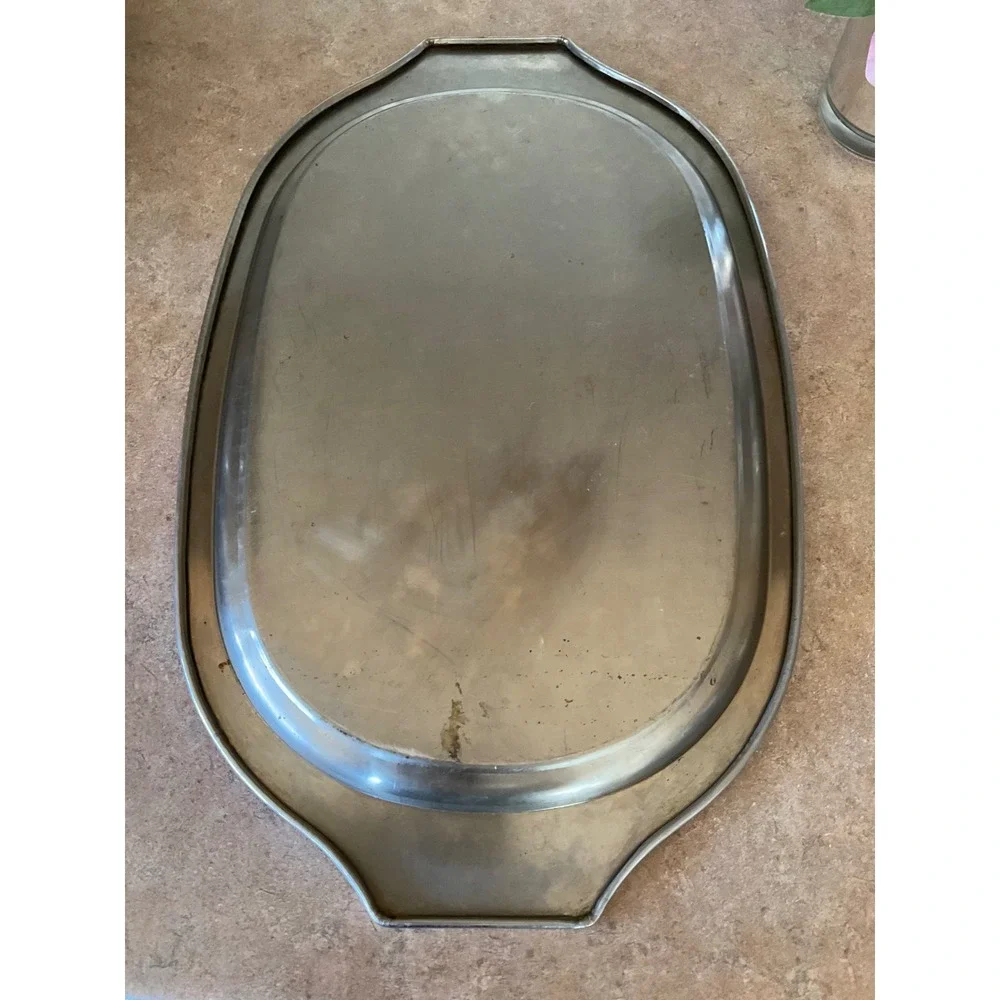 Vintage Oval Stainless Steel Serving Platter Tray with Handles 19.5 Inch MCM